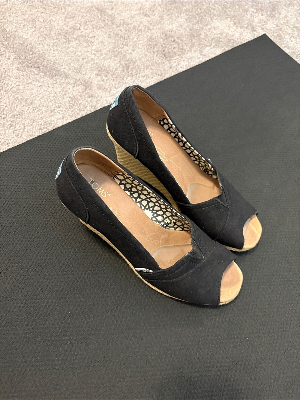 TOMS Black Canvas Peep-Toe Wedge Sandals